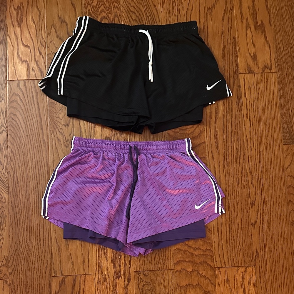 2 Pairs Nike Women's Black and Purple Athletic Shorts Duo